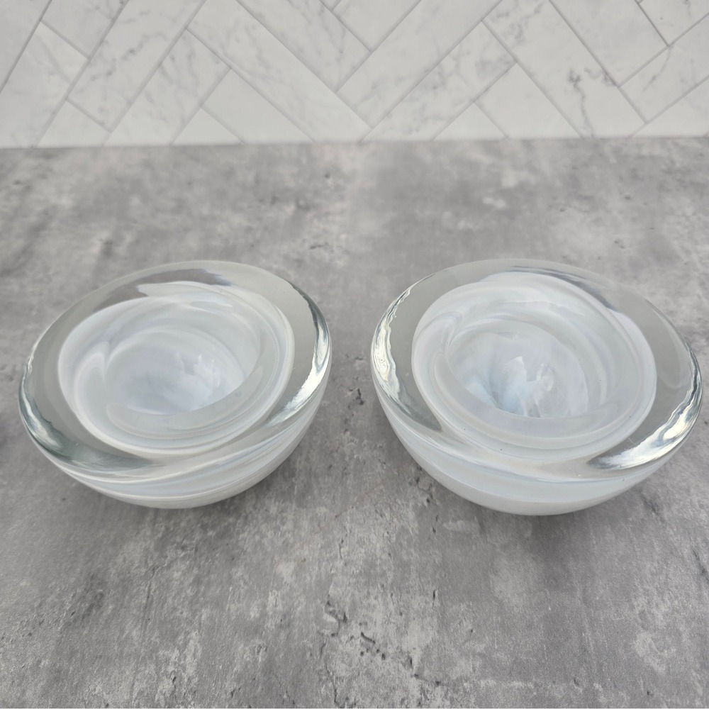 Heavy Art Glass Votive Candle Holders Set of 2 White Swirl Hurricane Design
